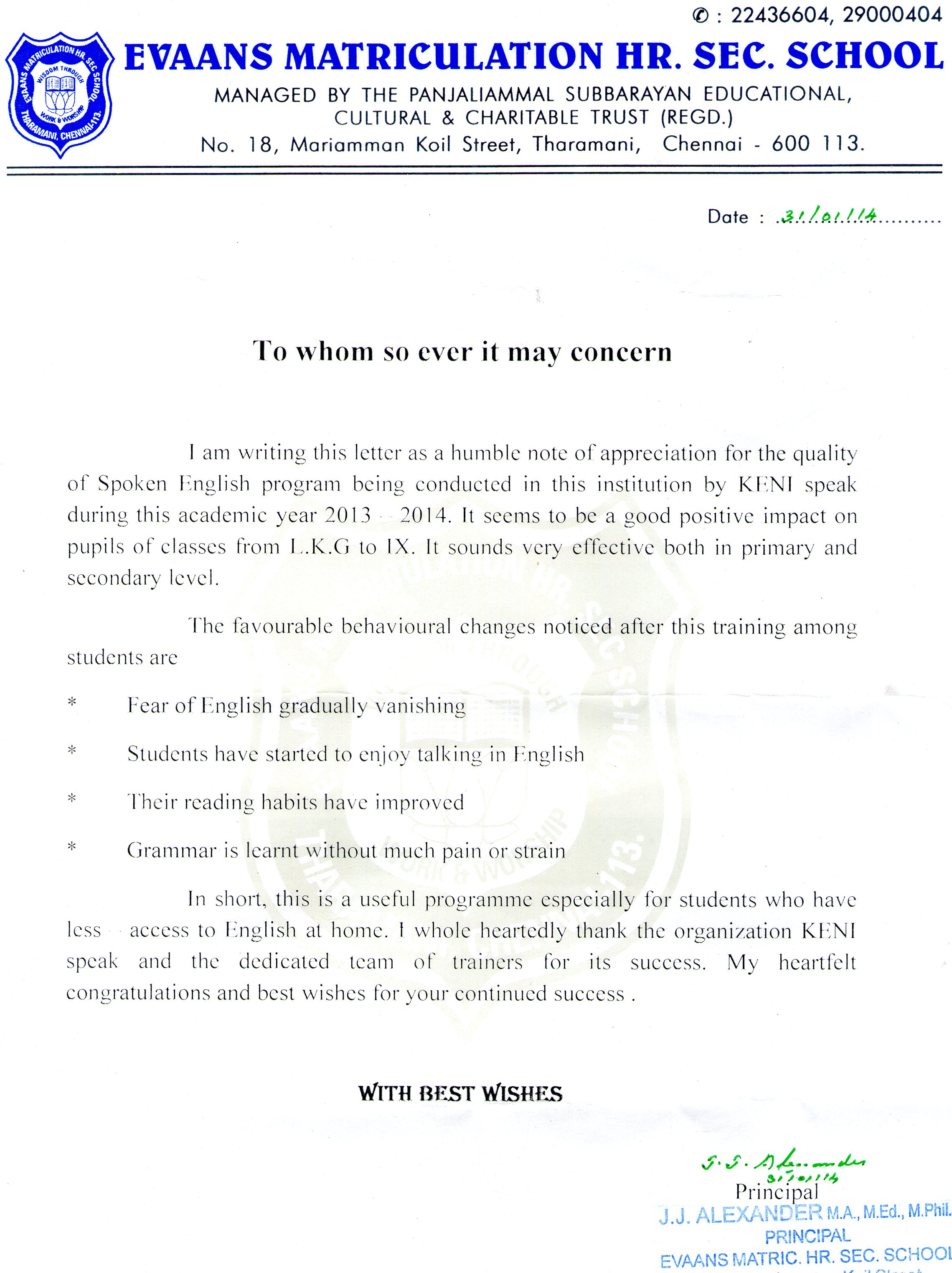 Letter from Evaans
